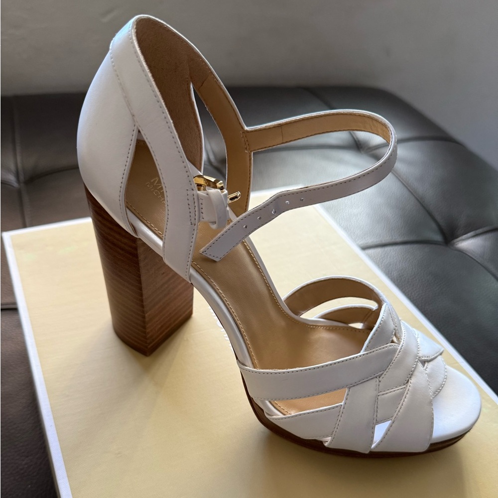 Michael Kors White and Brown Block Heel Sandals